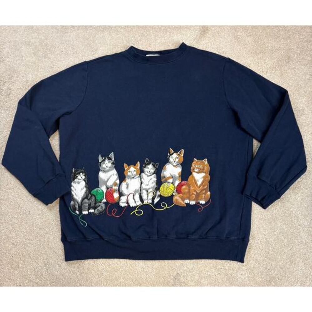 Blair Vintage Cat Yarn Navy Blue Graphic Crewneck Sweatshirt Size L